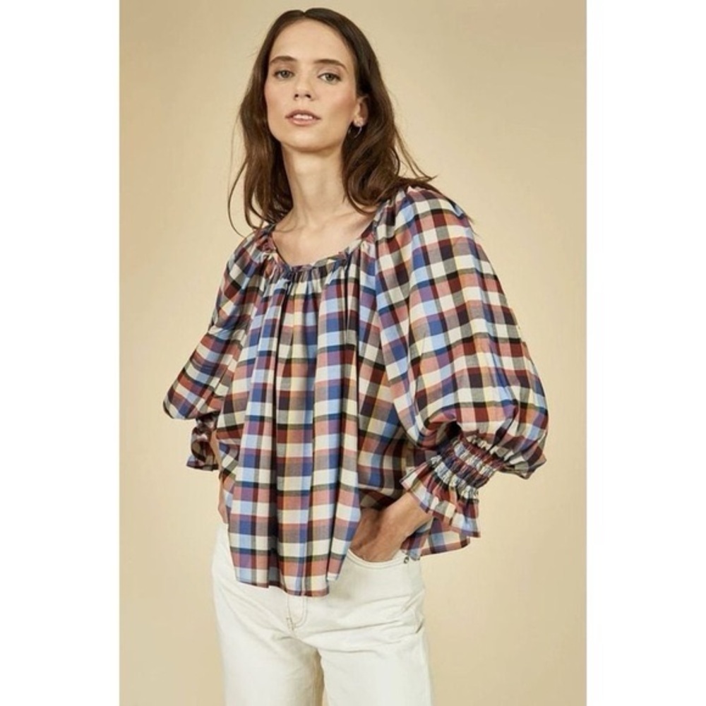 Hunter‎ Bell Rosette Check Plaid Off The Shoulder Lucia Blouse
